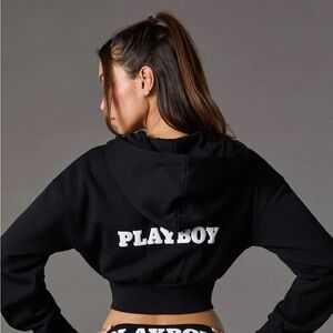 PLAYBOY size M Black Cropped Hoodie with Logo, silver bunny hardware on zipper